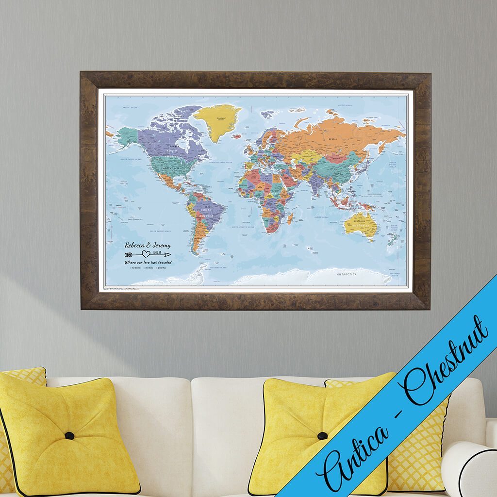 Canvas Blue Oceans World Map With Pins In Premium Antica Chestnut Frame