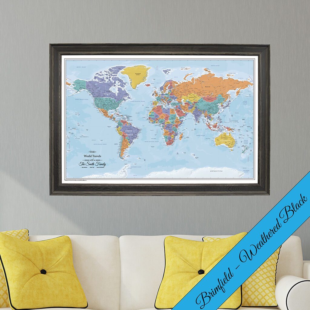 Canvas Blue Oceans World Map With Pins In Premium  Brimfield Black Frame