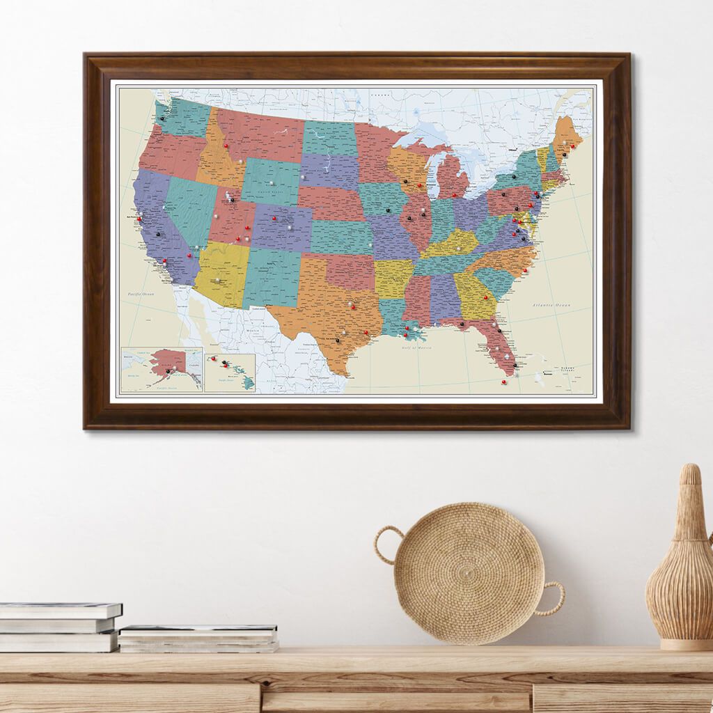 Tan Oceans USA Push Pin Travelers  Map in Brown Frame