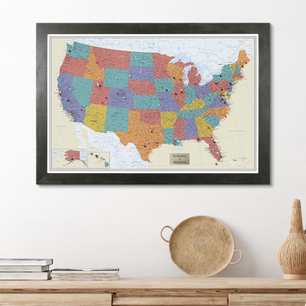 Tan Oceans USA Pin Travel Map in Rustic Black Frame