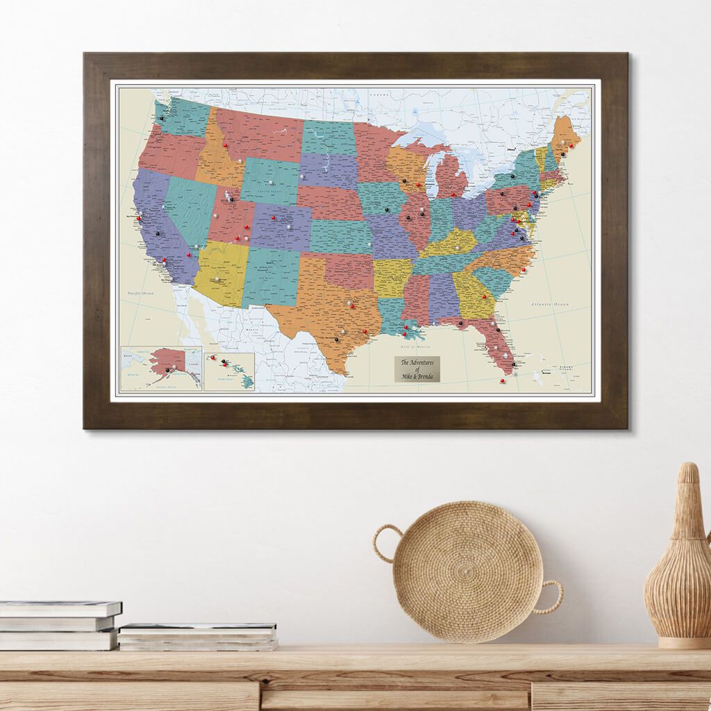 Tan Oceans USA Push Pin Travel Map with Rustic Brown Frame
