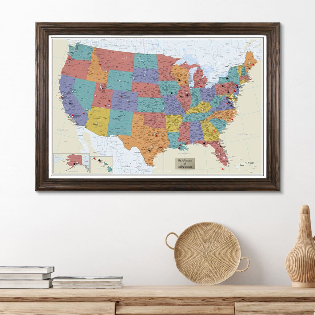 Tan Oceans USA Pinnable Map with Push Pins in Solid Wood Brown Frame