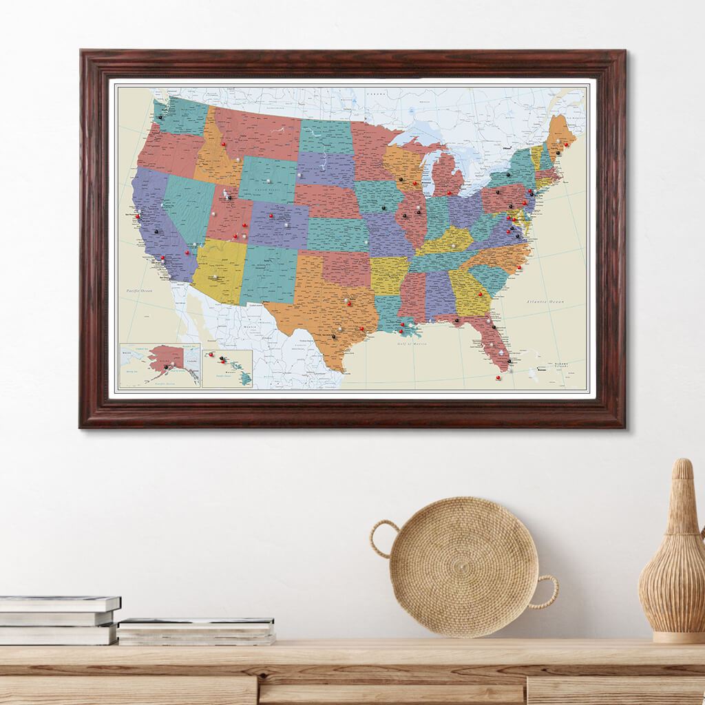 Tan Oceans USA Pinboard Travel Map in Solid Wood Cherry Frame