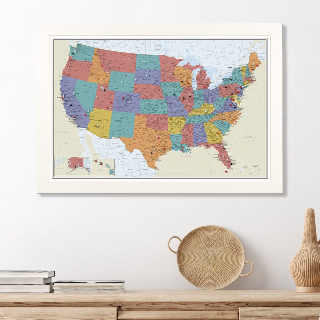 Tan Oceans USA Push Pin Wall Map in Textured White Frame