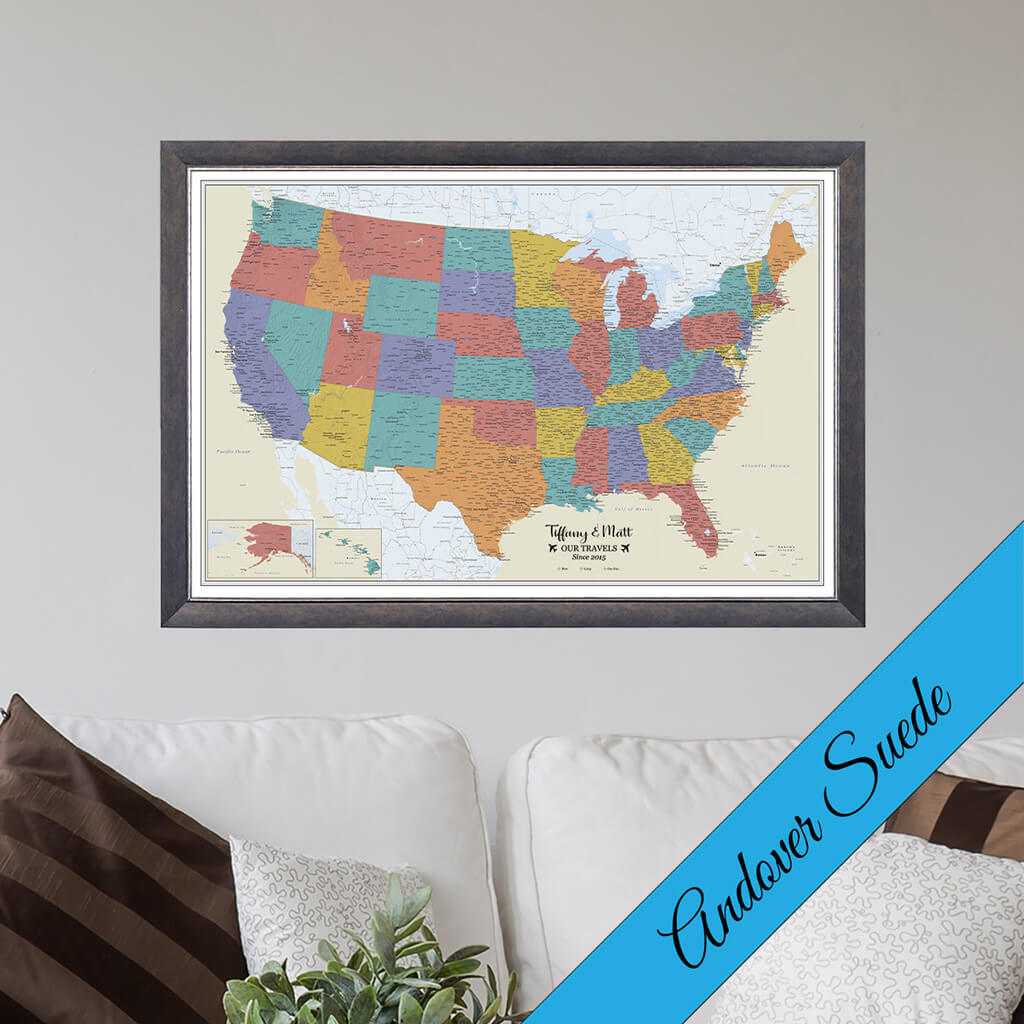 Canvas Tan Oceans USA Travelers Map In Andover Suede Frame