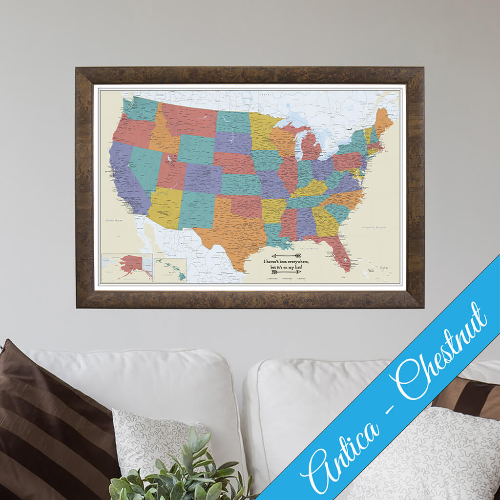 Canvas Tan Oceans USA Travelers Map in Antica Chestnut Frame