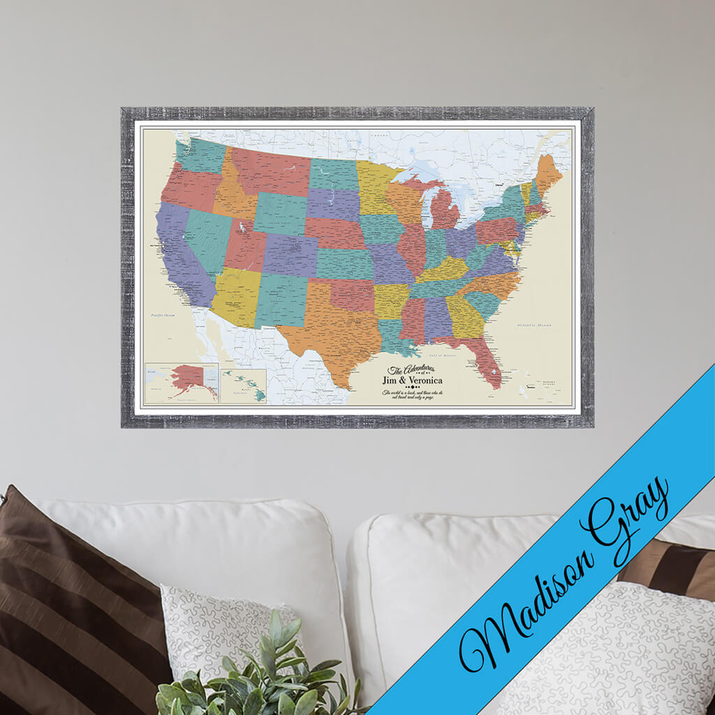 Canvas Tan Oceans USA Travelers Map In Premium Madison Gray Frame