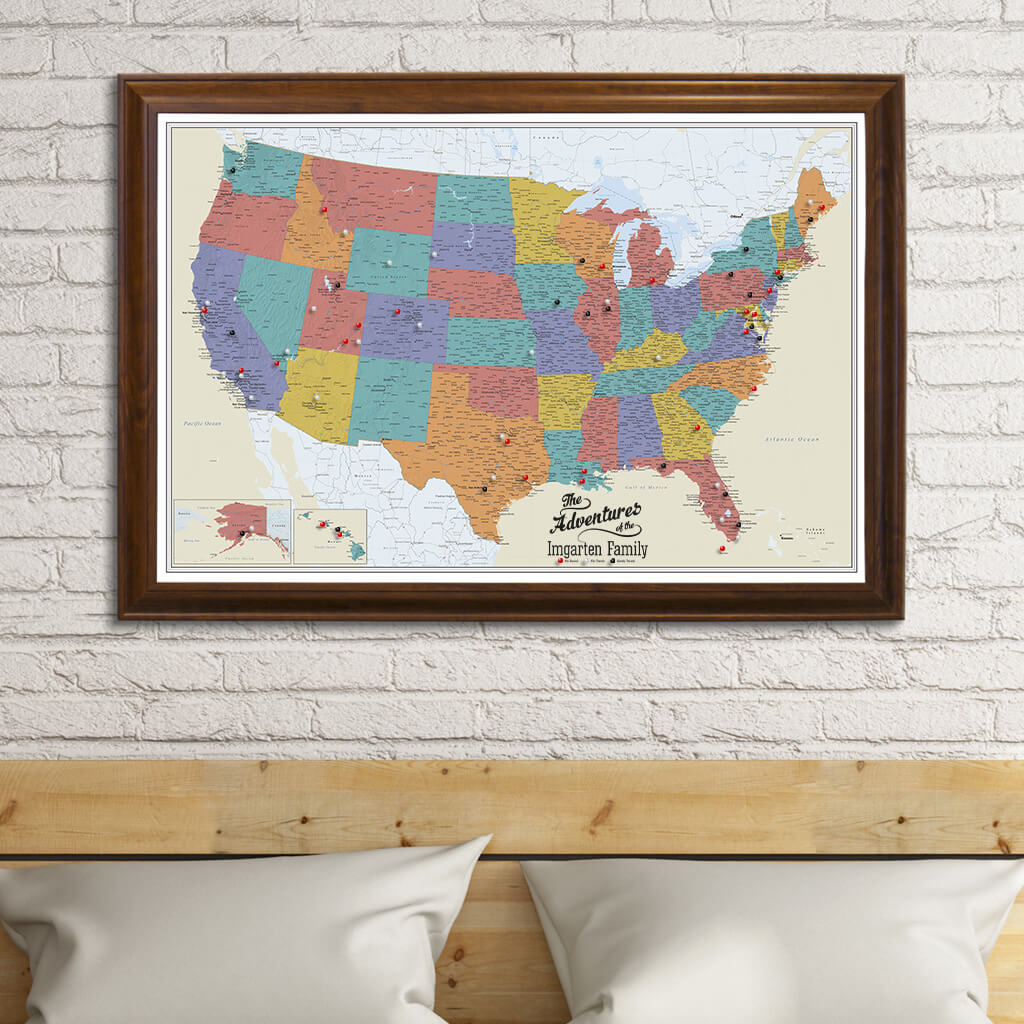 Canvas Tan Oceans USA Travelers Map in Brown Frame