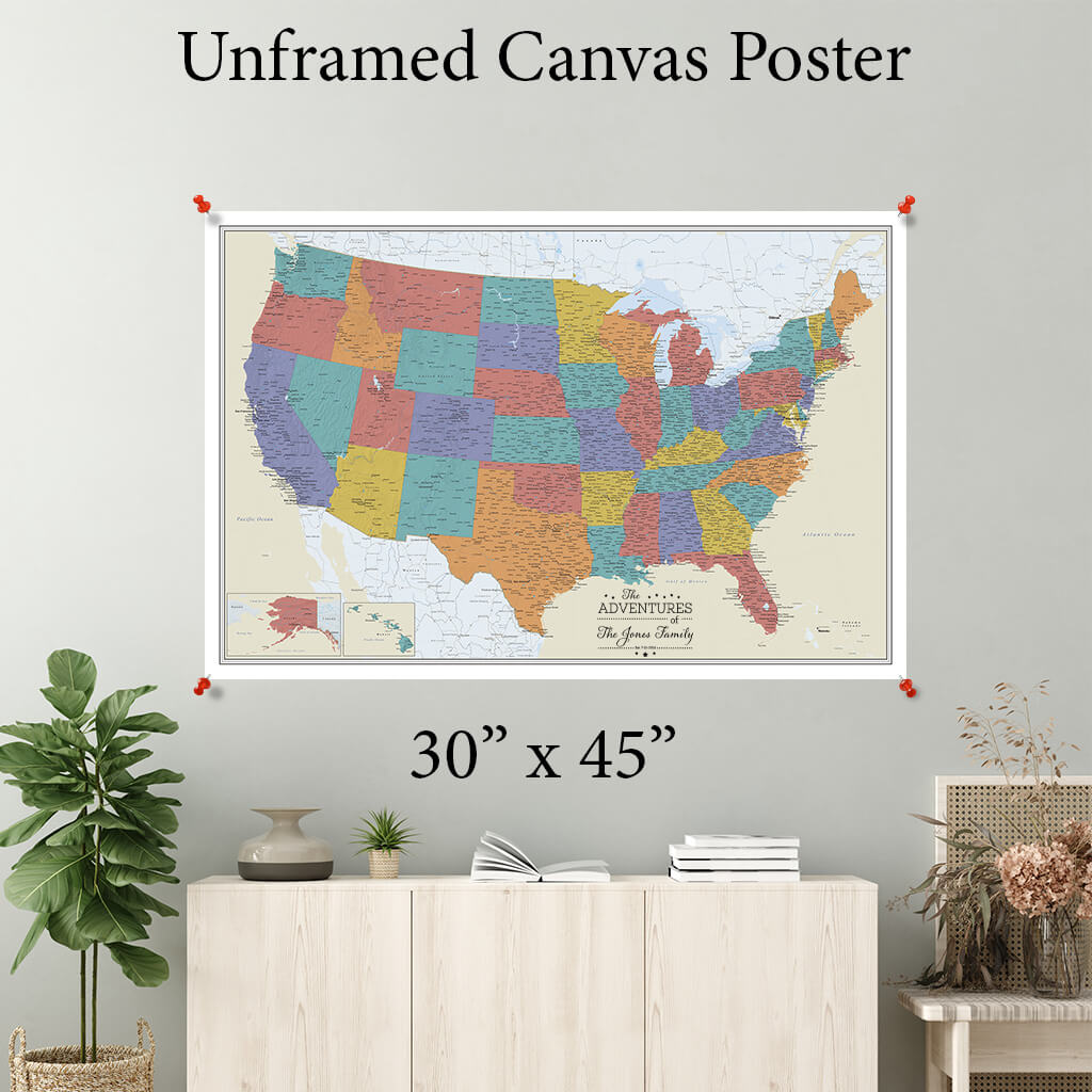 Tan Ocean USA Canvas Poster Map 30 x 45