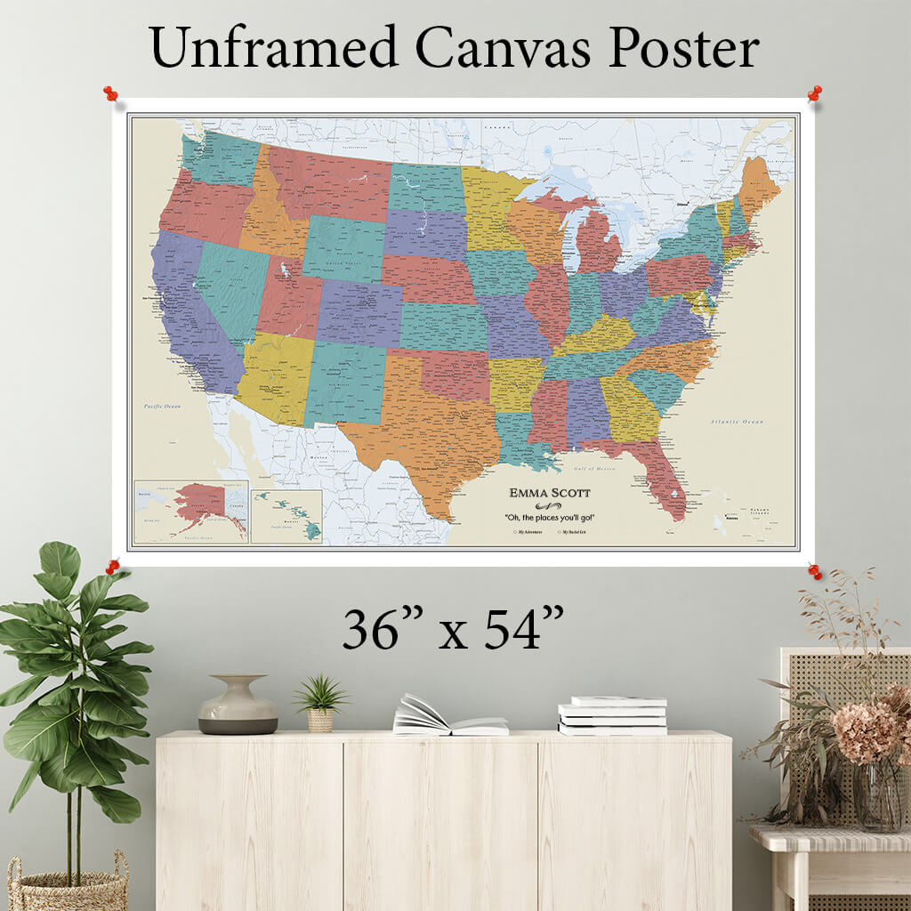 Tan Ocean USA Canvas Poster Map 36 x 54