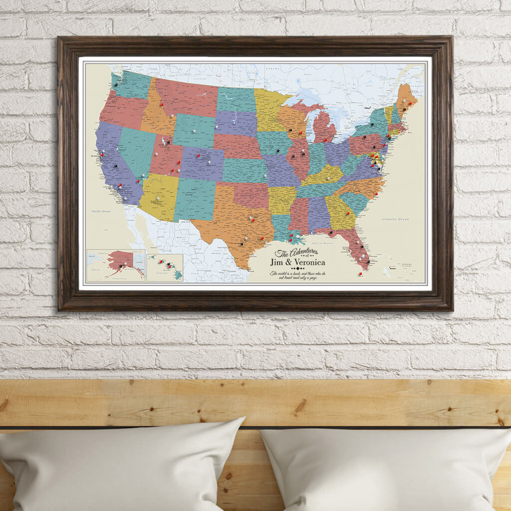 Canvas Tan Oceans USA Travelers Map in Solid Wood Brown Frame