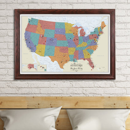 Canvas Tan Oceans USA Travelers Map in Solid Wood Cherry Frame