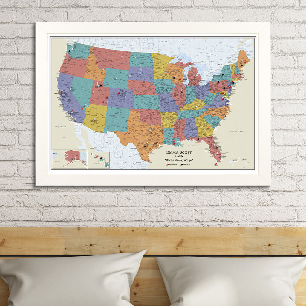 Canvas Tan Oceans USA Travelers Map in Textured White Frame