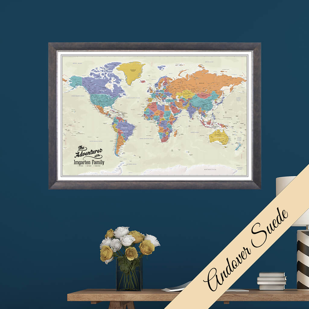 Canvas Tan Oceans World Map Premium Andover Suede Frame