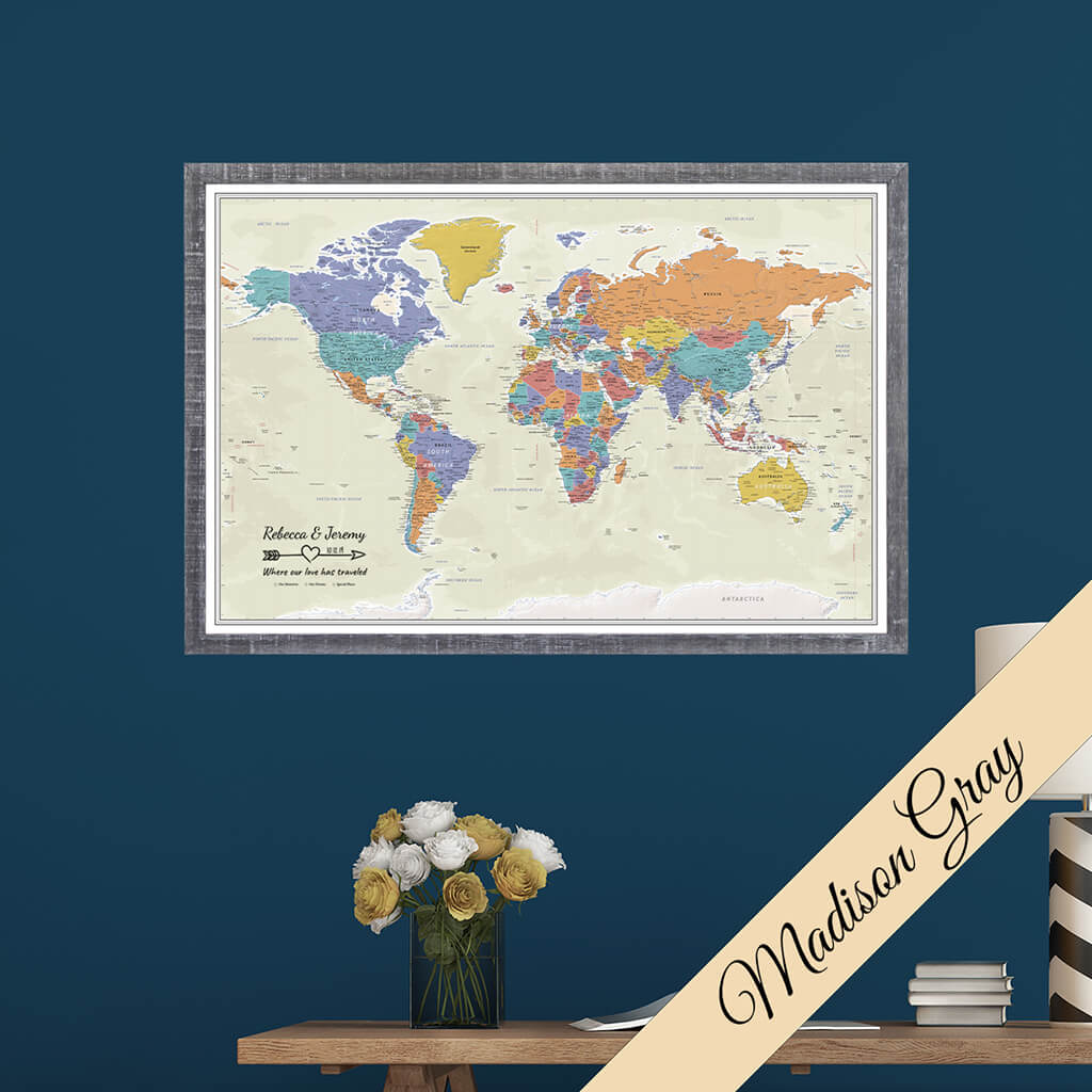 Canvas Tan Oceans World Map in Madison Gray Frame