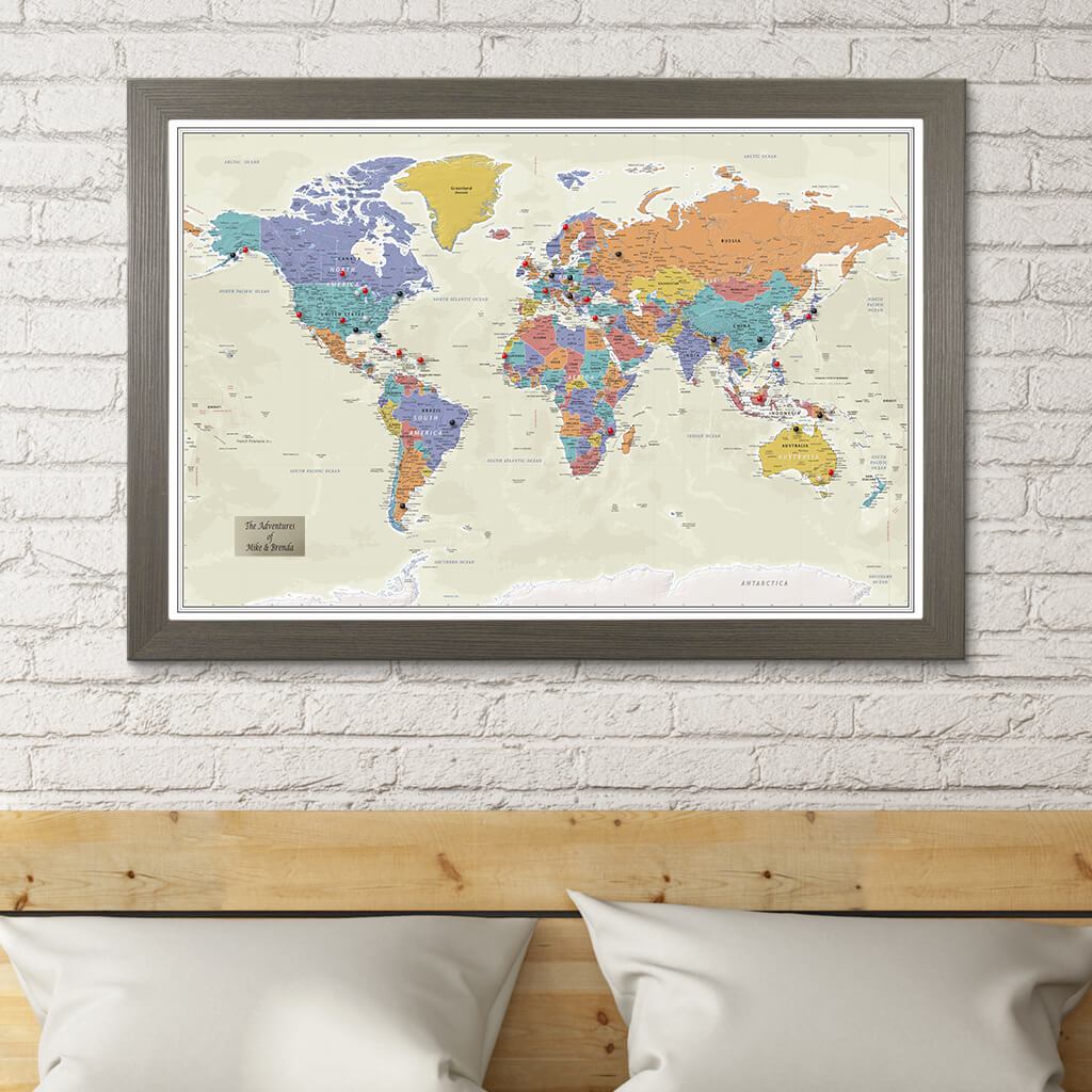 Push Pin Travel Maps - Tan Oceans World Pin Map with Pins
