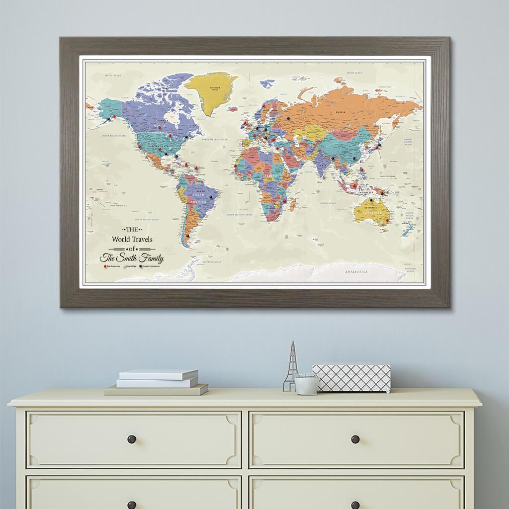 Canvas Wall Map - Tan Oceans World Map in Barnwood Gray Frame