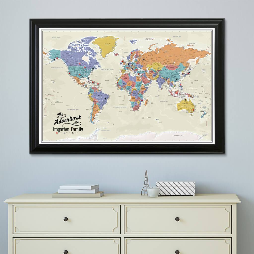 Canvas Tan Oceans World Map Black Frame