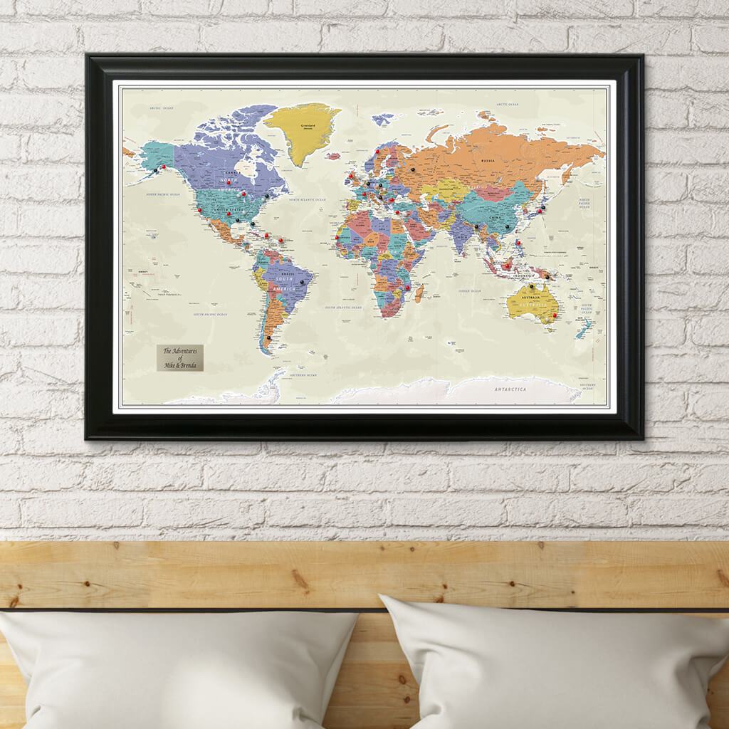 Tan Ocean World Push Pin Travel Map in Black Frame