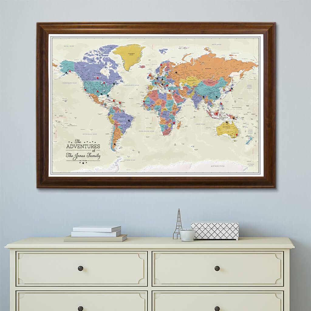 Canvas Tan Oceans World Map with Brown Frame