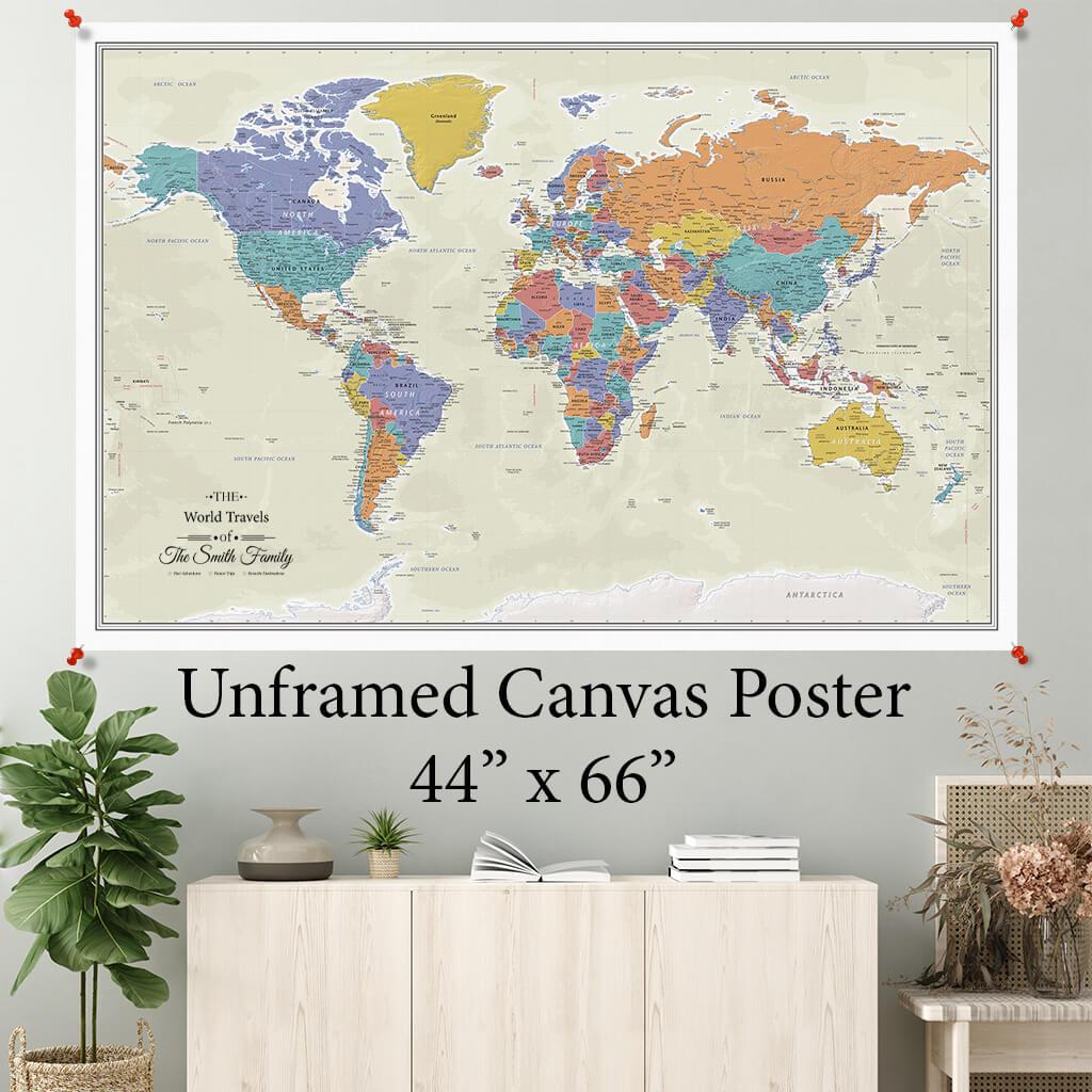 Tan Ocean World Canvas Poster Map 44 x 66