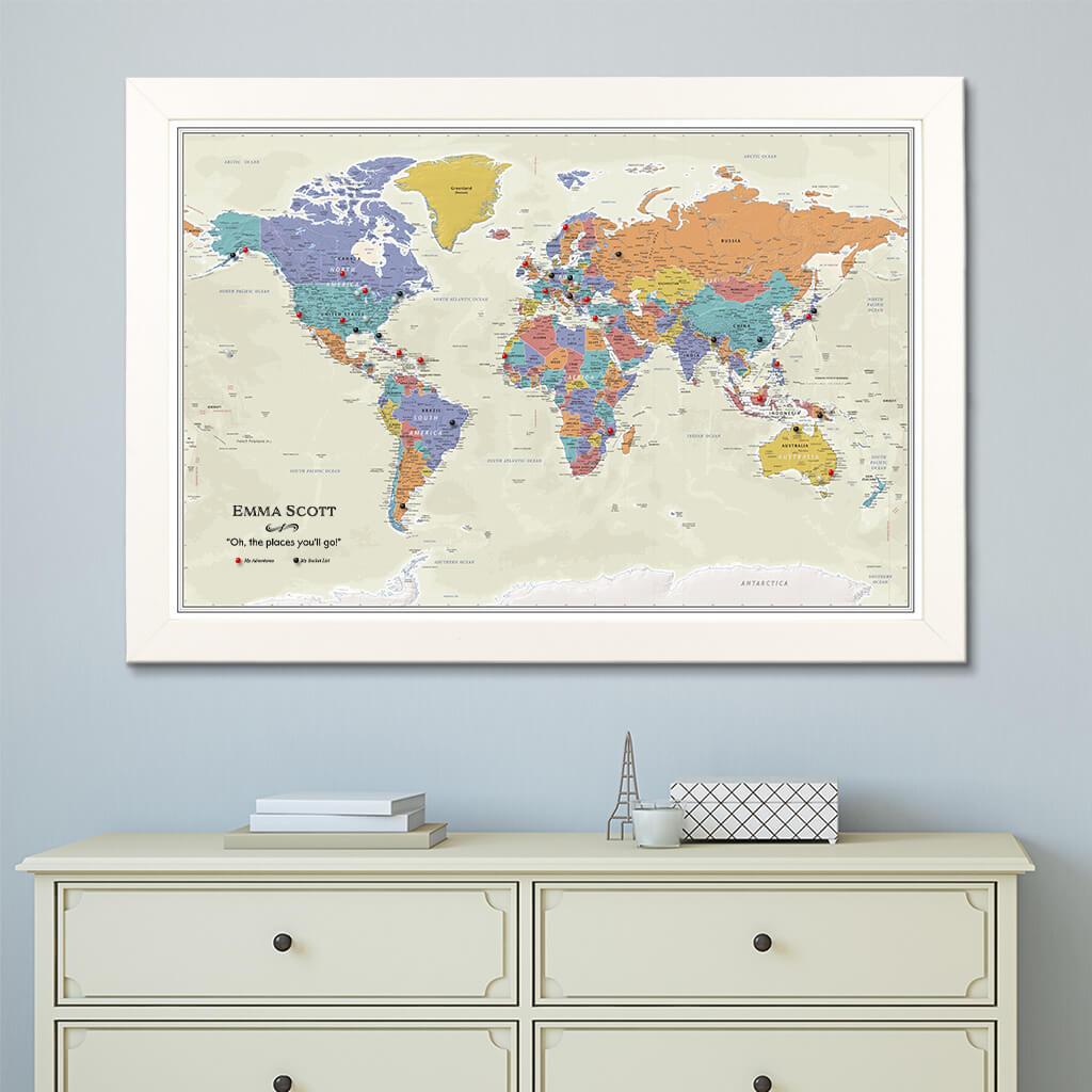Canvas Tan Oceans World Map Textured White Frame
