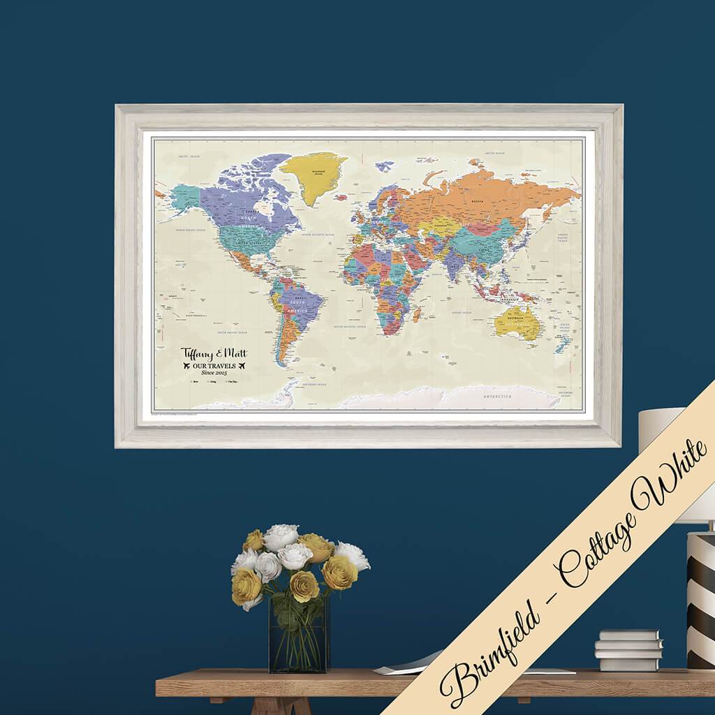 Canvas Tan Oceans World Map Brimfield Cottage White Frame