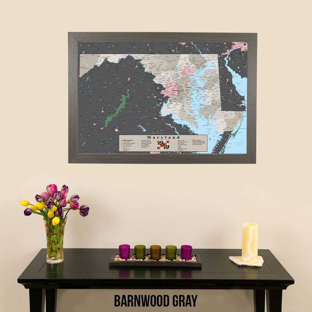 Earth Toned Maryland State Pin Map  Barnwood Gray Frame