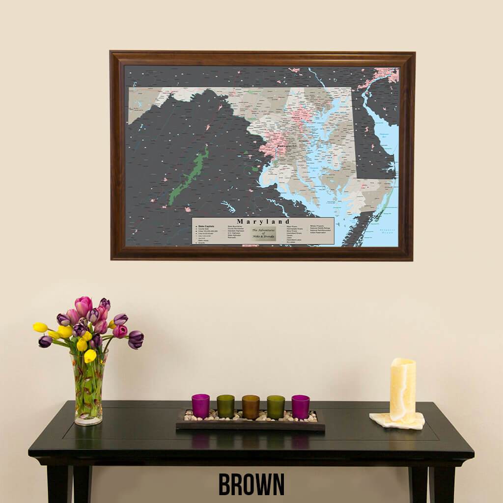 Earth Toned Maryland State Pin Map  Brown Frame