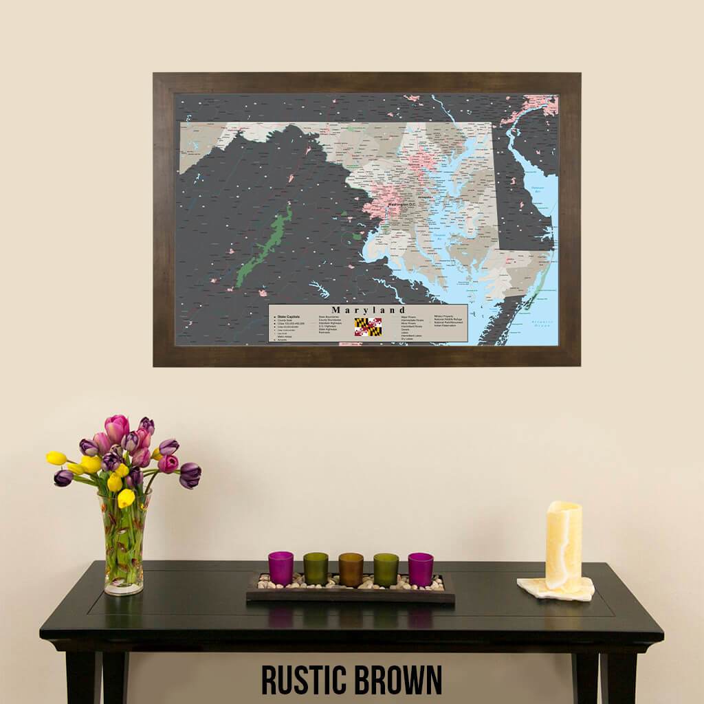 Earth Toned Maryland State Pin Map  Rustic Brown Frame