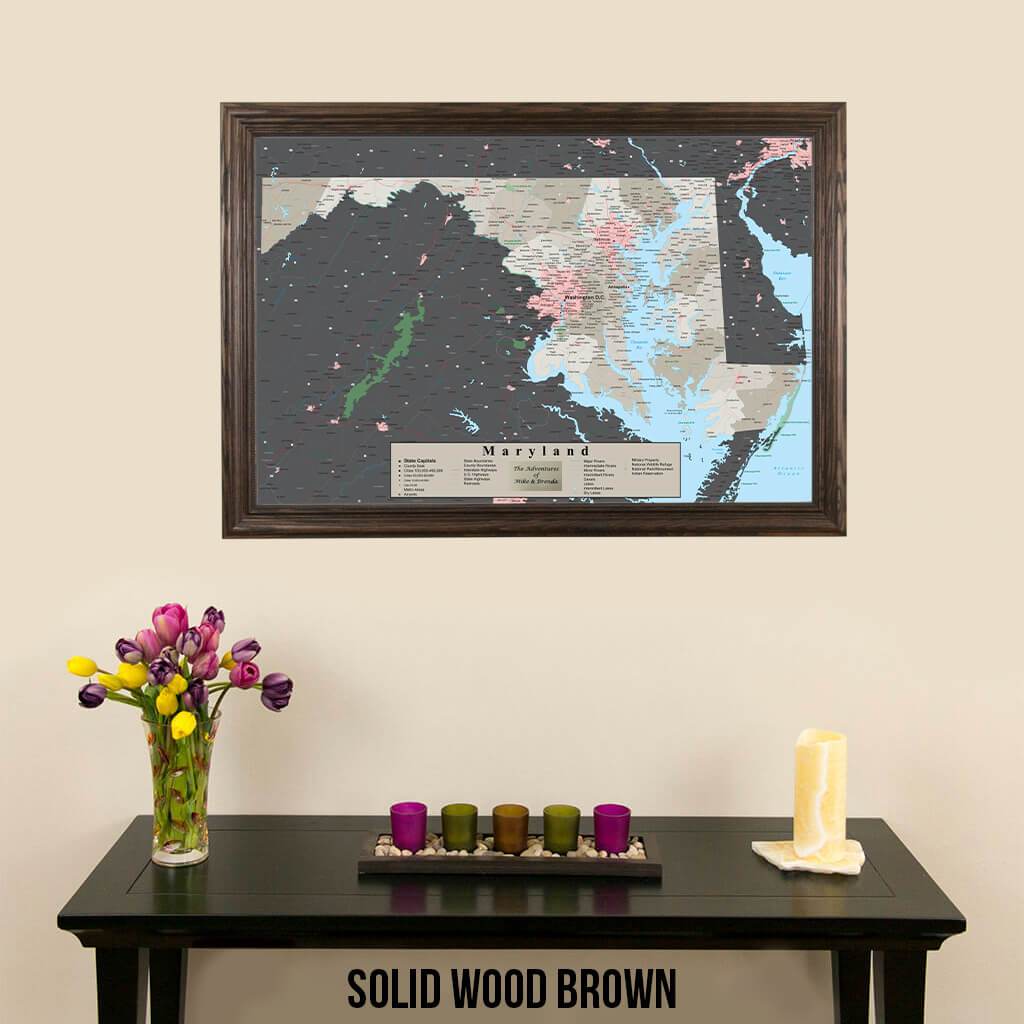 Earth Toned Maryland State Pin Map Solid Wood Brown Frame
