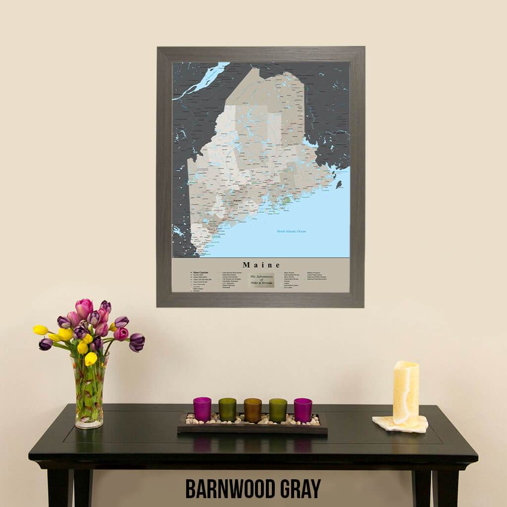 Earth Toned Maine Travel Pin Map Barnwood Gray Frame