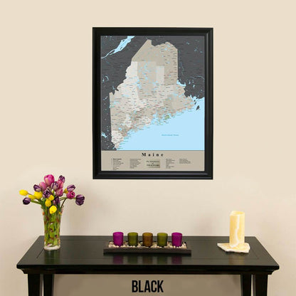 Earth Toned Maine Travel Pin Map Black Frame