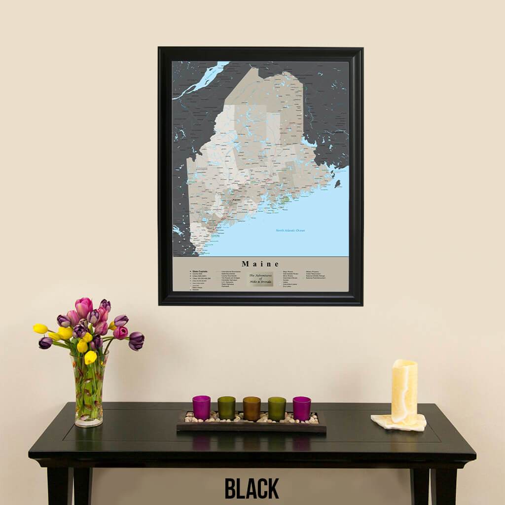 Earth Toned Maine Travel Pin Map Black Frame