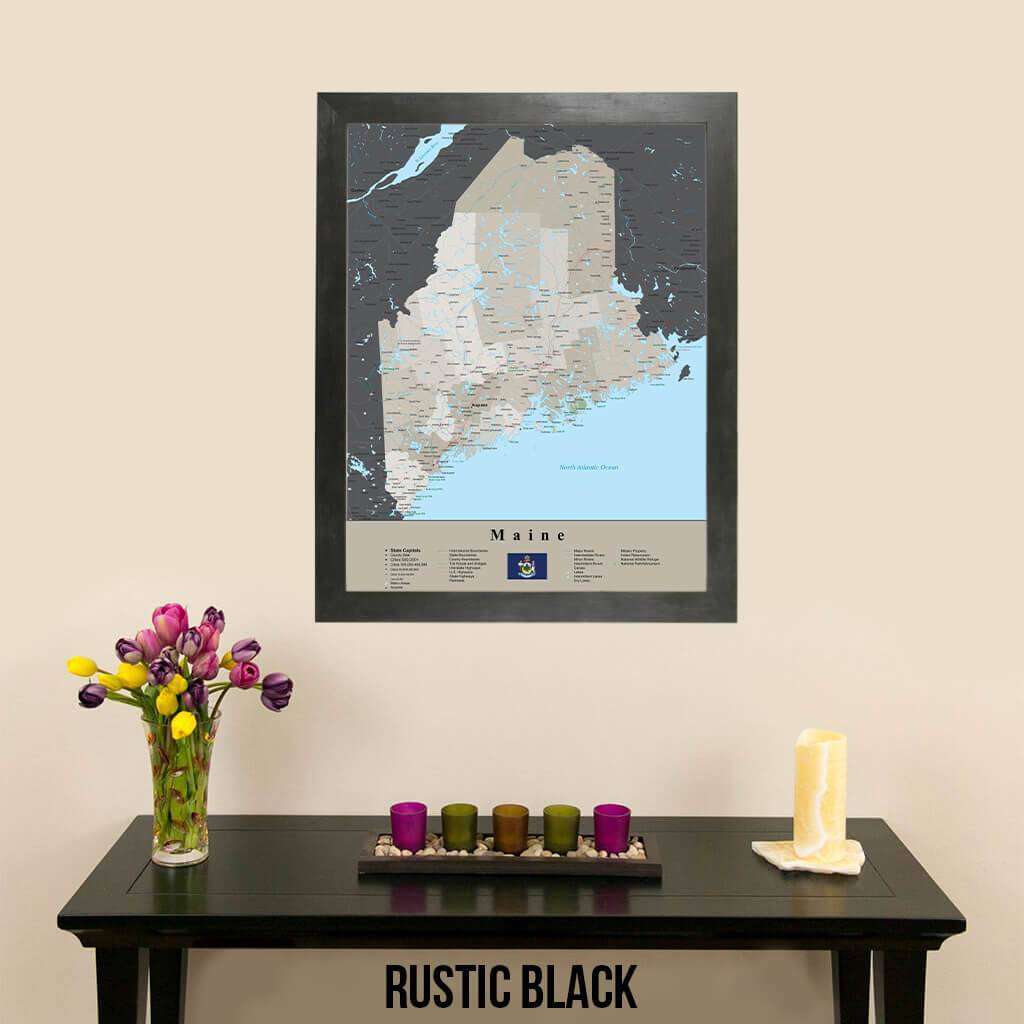 Earth Toned Maine Travel Pin Map Rustic Black Frame
