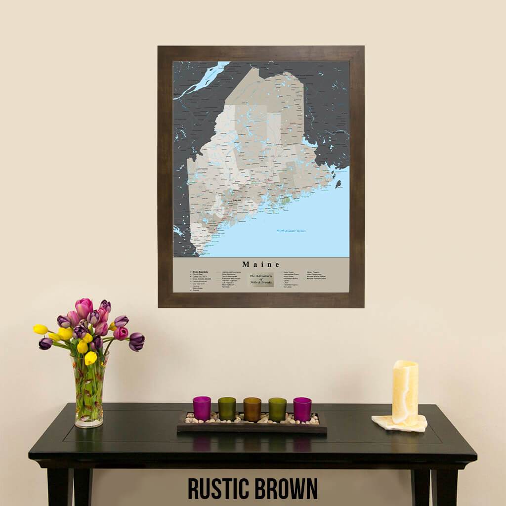 Earth Toned Maine Travel Pin Map Rustic Brown Frame