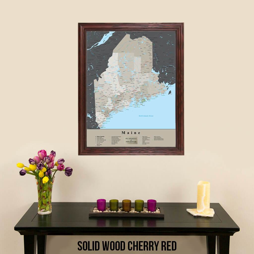 Earth Toned Maine Travel Pin Map Solid Wood Cherry Frame