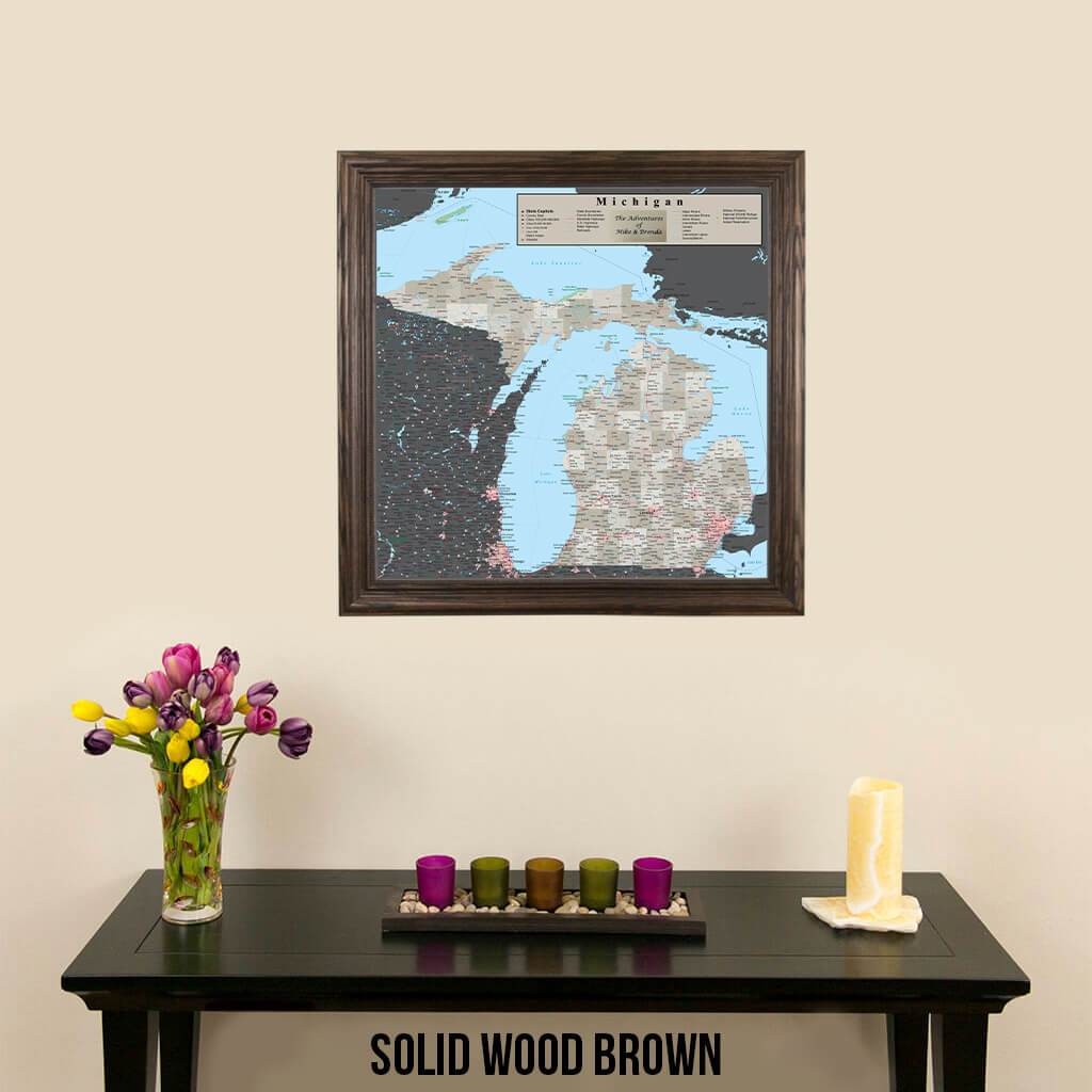 Earth Toned Michigan Travel Map Solid Wood Brown Frame