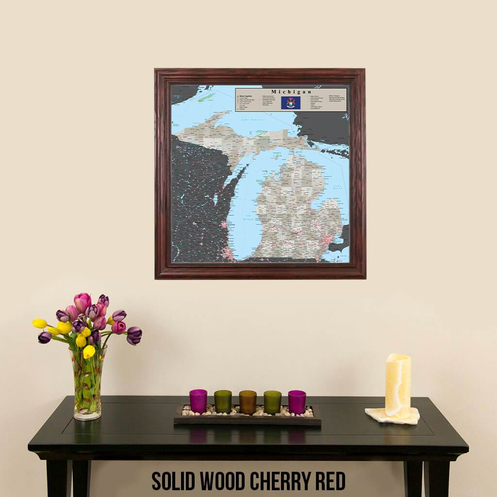 Earth Toned Michigan Travel Map Solid Wood Cherry Frame