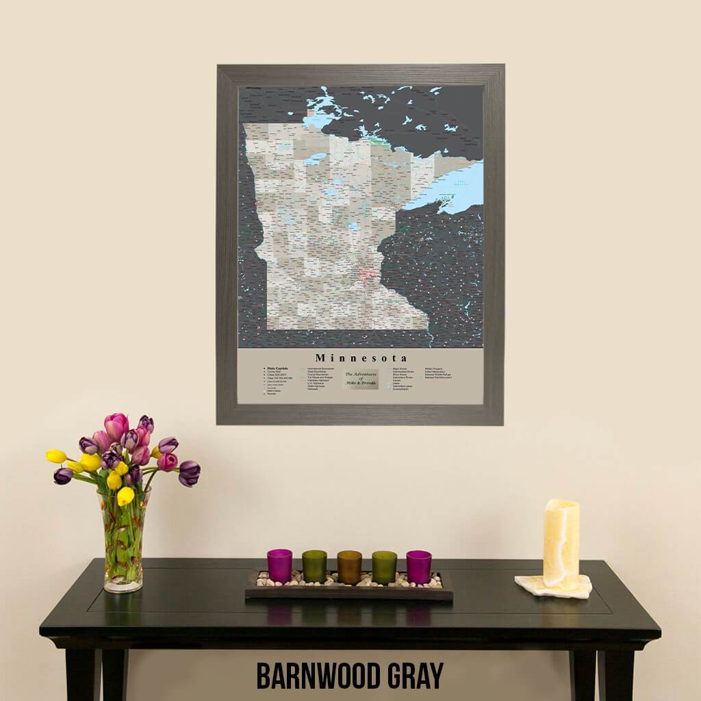 Earth Toned Minnesota State Map with Pins Barnwood Gray Frame