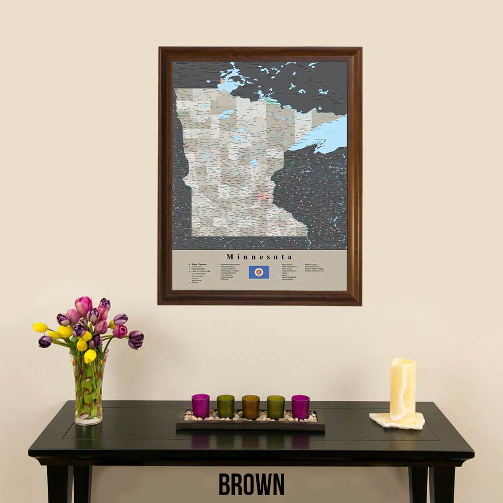 Earth Toned Minnesota State Map with Pins Brown Frame