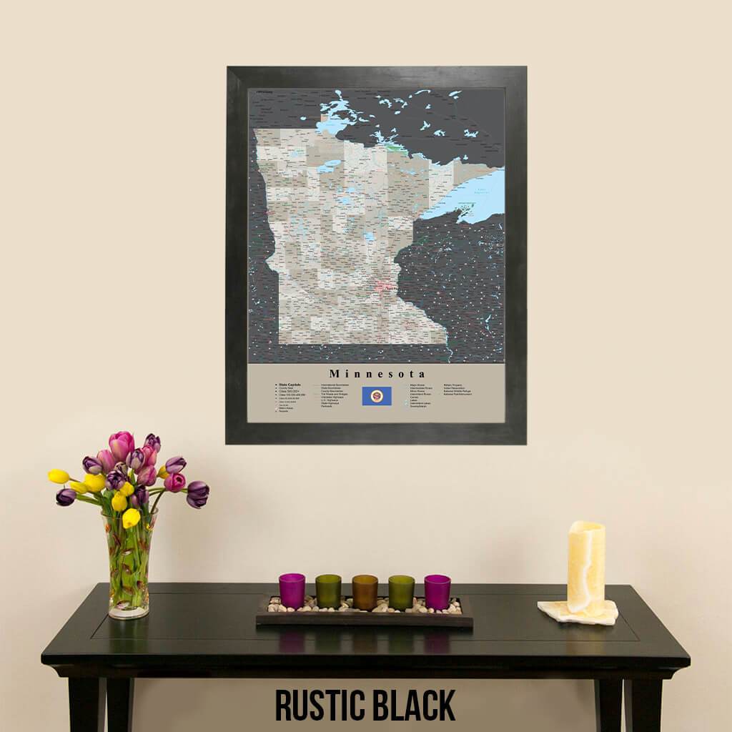 Earth Toned Minnesota State Map with Pins Rustic Black Frame
