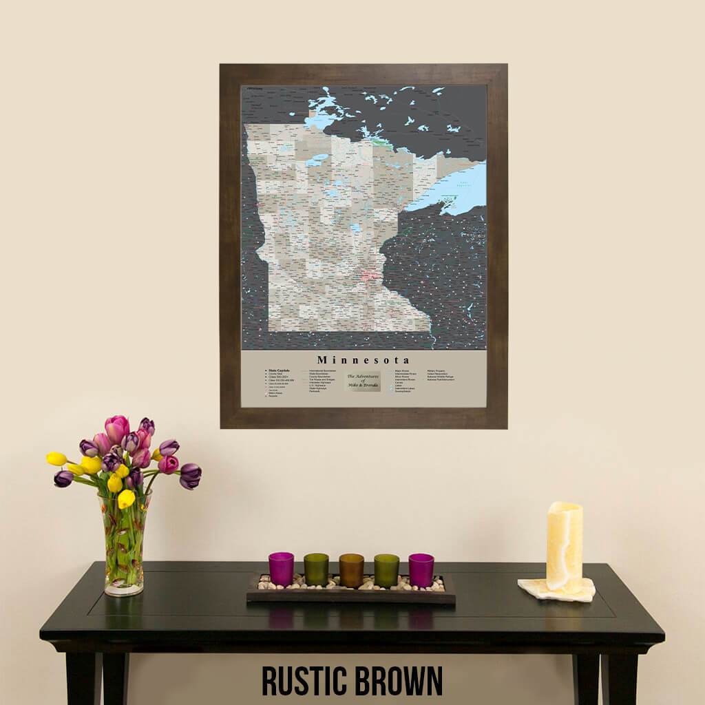 Earth Toned Minnesota State Map with Pins Rustic Brown Frame