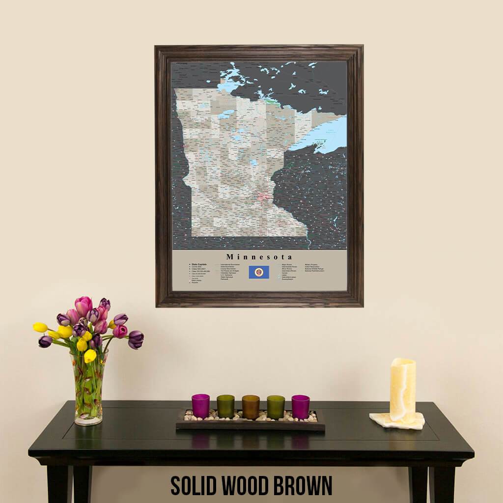 Earth Toned Minnesota State Map with Pins Solid Wood Brown Frame