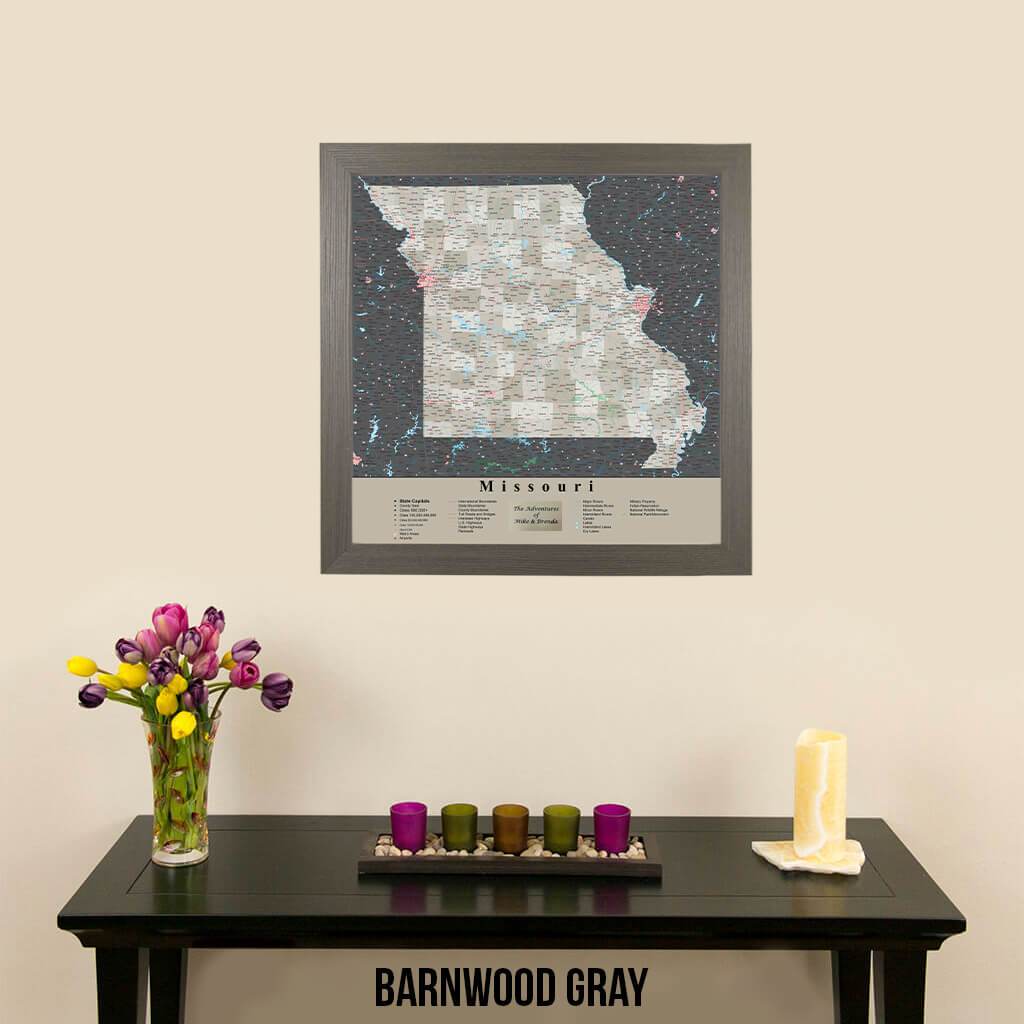 Earth Toned Missouri Push Pin Map with pins Barnwood Gray Frame