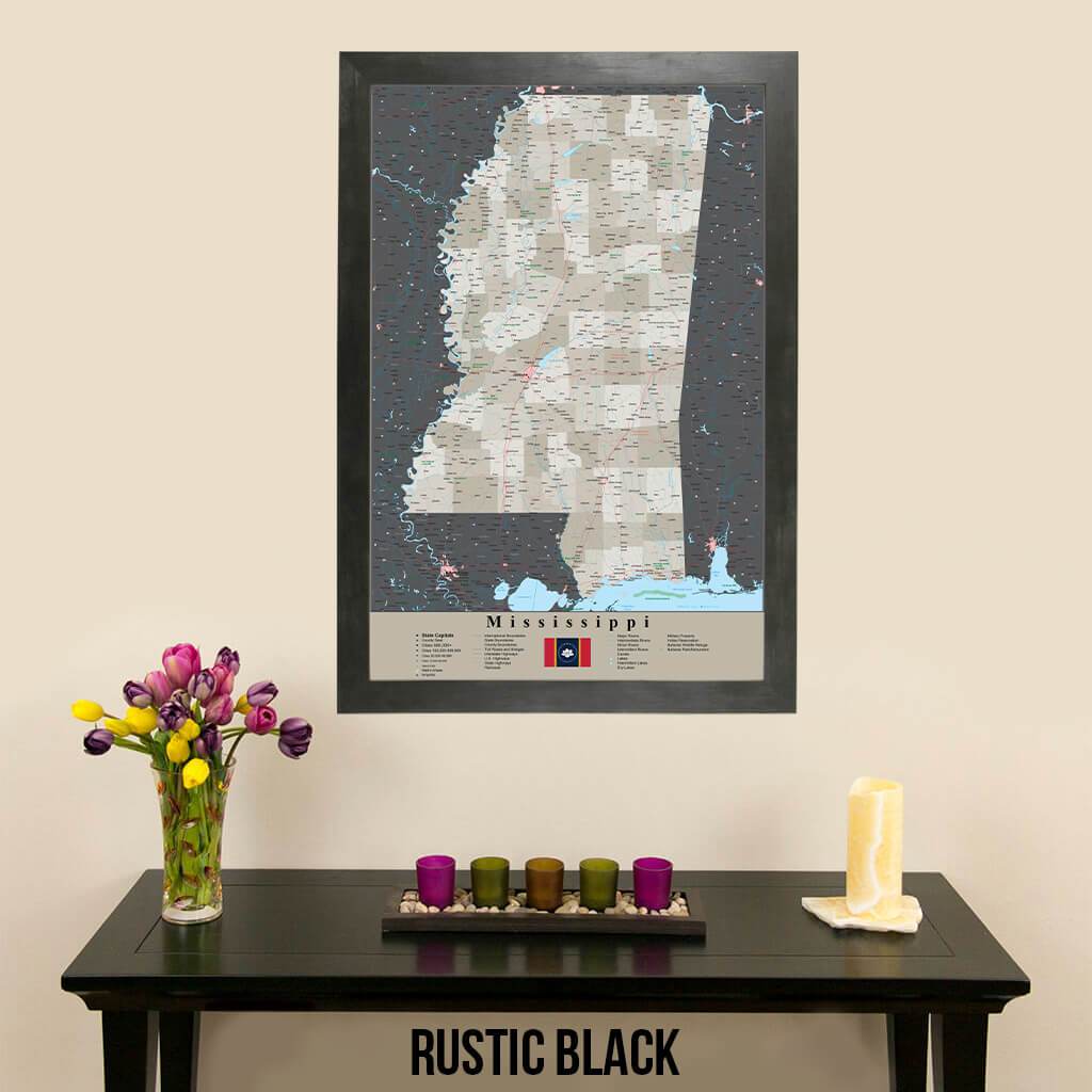 Earth Toned Mississippi State Travelers Map with Pins Rustic Black Frame