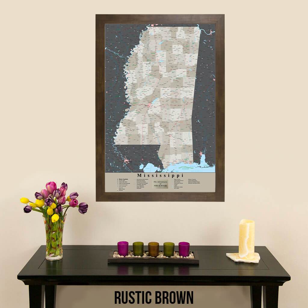 Earth Toned Mississippi State Travelers Map with Pins Rustic Brown Frame