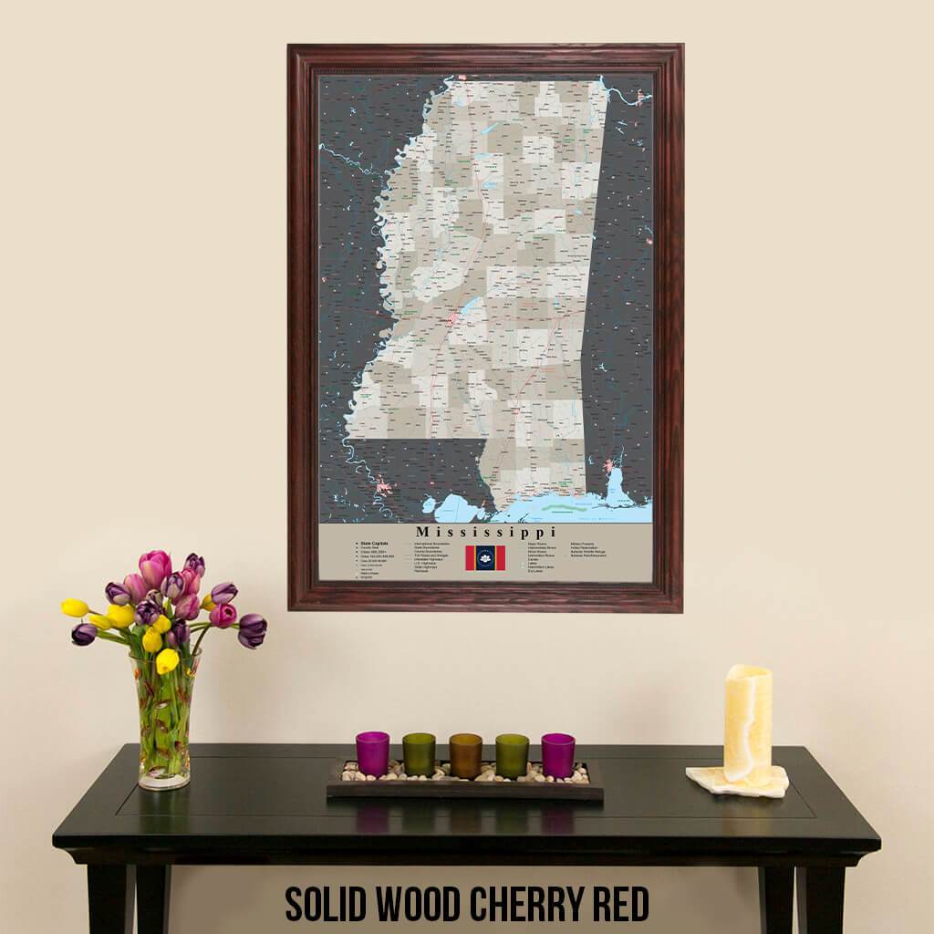 Earth Toned Mississippi State Travelers Map with Pins Solid Wood Cherry Frame