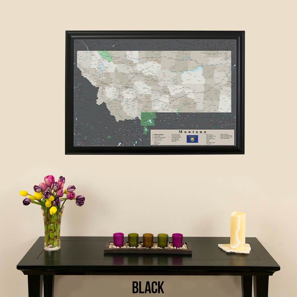 Earth Toned Montana State Push Pin Map Black Frame