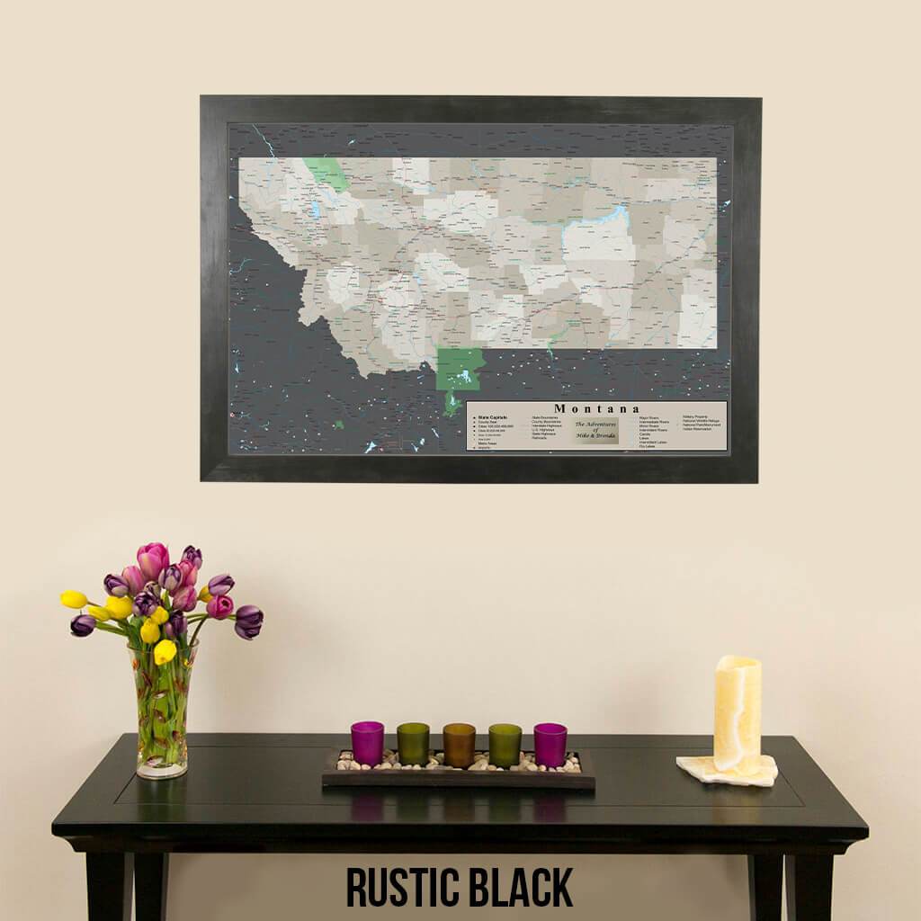 Earth Toned Montana State Push Pin Map Rustic Black Frame